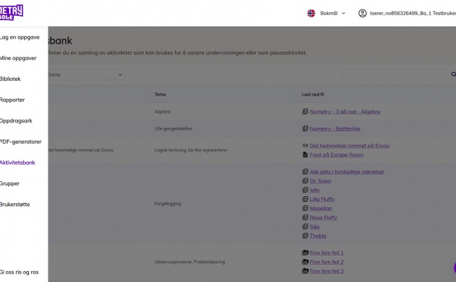Skjermbilde fra Numetrys Lærerportal som viser Aktivitetsbanken